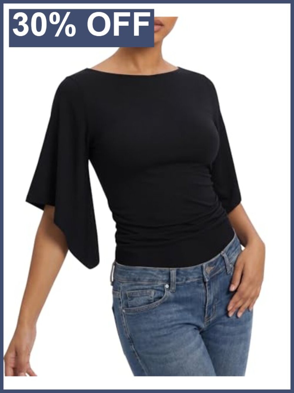 Fitted Ruched 3/4 Bell Sleeve Boat Neck Top Summer Y2K Going Out